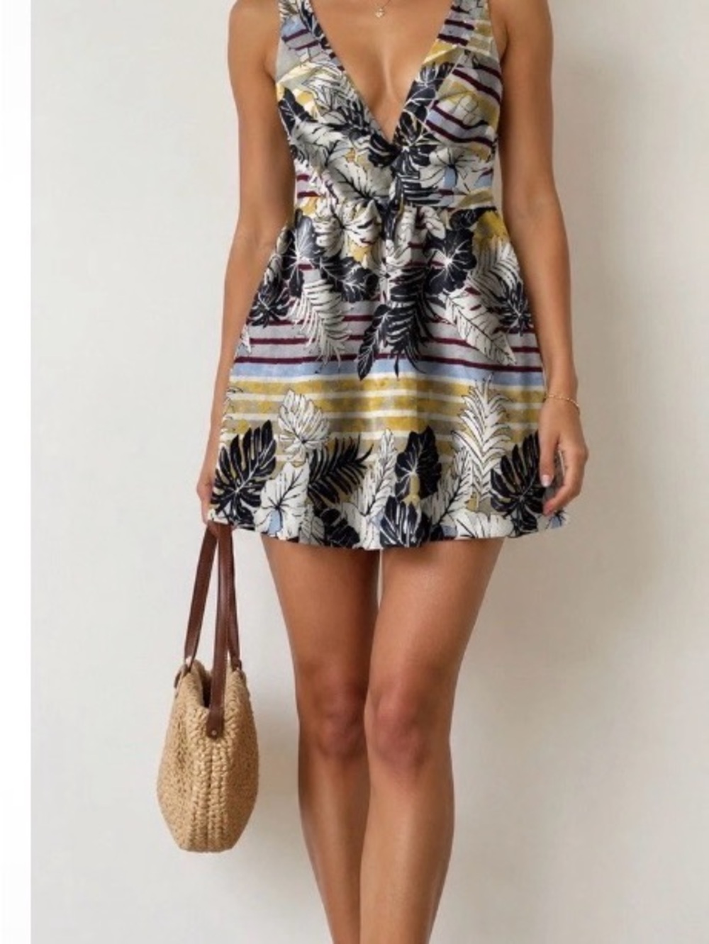H&M Tropical V‑Neck Mini Dress in Yellow, Blue & Black
